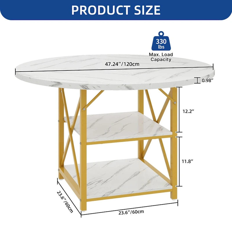 Table à manger ronde Moasis avec étagères de rangement et pieds en métal pour 4 à 6 personnes pour salle à manger ou salon