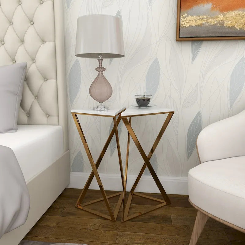 Tables d'appoint en métal avec plateau en marbre – Lot de 2 dorées – Roche River Decor