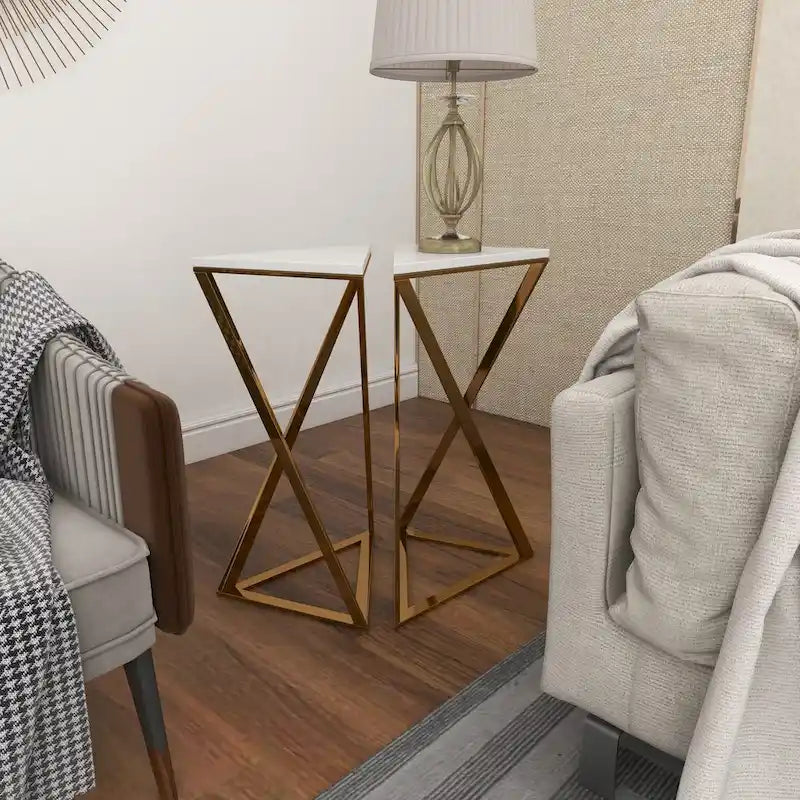 Tables d'appoint en métal avec plateau en marbre – Lot de 2 dorées – Roche River Decor