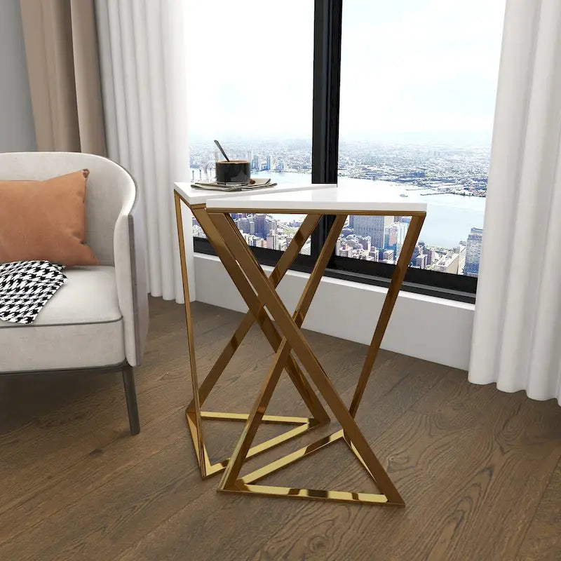 Tables d'appoint en métal avec plateau en marbre – Lot de 2 dorées – Roche River Decor