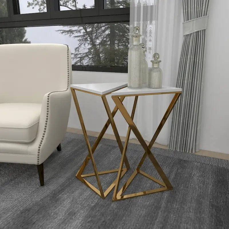 Tables d'appoint en métal avec plateau en marbre – Lot de 2 dorées – Roche River Decor