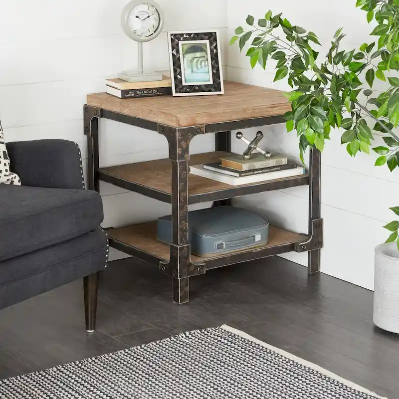 Table d'appoint latérale Wood 2 étagères – Marron – Roche River Decor