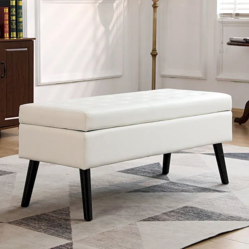 Banc de rangement avec rangement, banc de bout de lit, banc d'entrée, banc ottoman de rangement 110 cm L x 45 cm Cuir PU Blanc