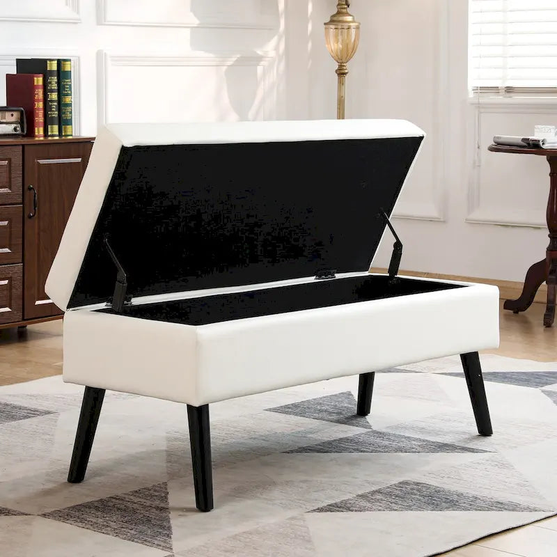 Banc de rangement avec rangement, banc de bout de lit, banc d'entrée, banc ottoman de rangement 110 cm L x 45 cm Cuir PU Blanc