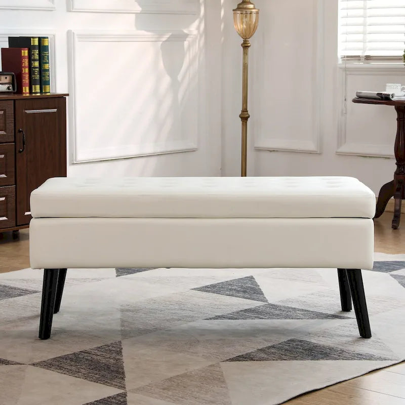 Banc de rangement avec rangement, banc de bout de lit, banc d'entrée, banc ottoman de rangement 110 cm L x 45 cm Cuir PU Blanc
