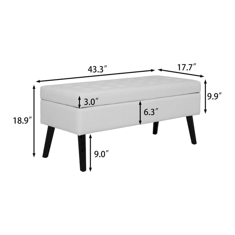 Banc de rangement avec rangement, banc de bout de lit, banc d'entrée, banc ottoman de rangement 110 cm L x 45 cm Cuir PU Blanc