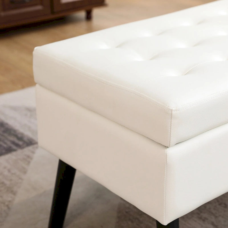 Banc de rangement avec rangement, banc de bout de lit, banc d'entrée, banc ottoman de rangement 110 cm L x 45 cm Cuir PU Blanc