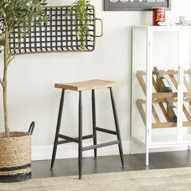 Tabouret de comptoir en métal avec plateau en bois brun - Noir - Décor Roche River