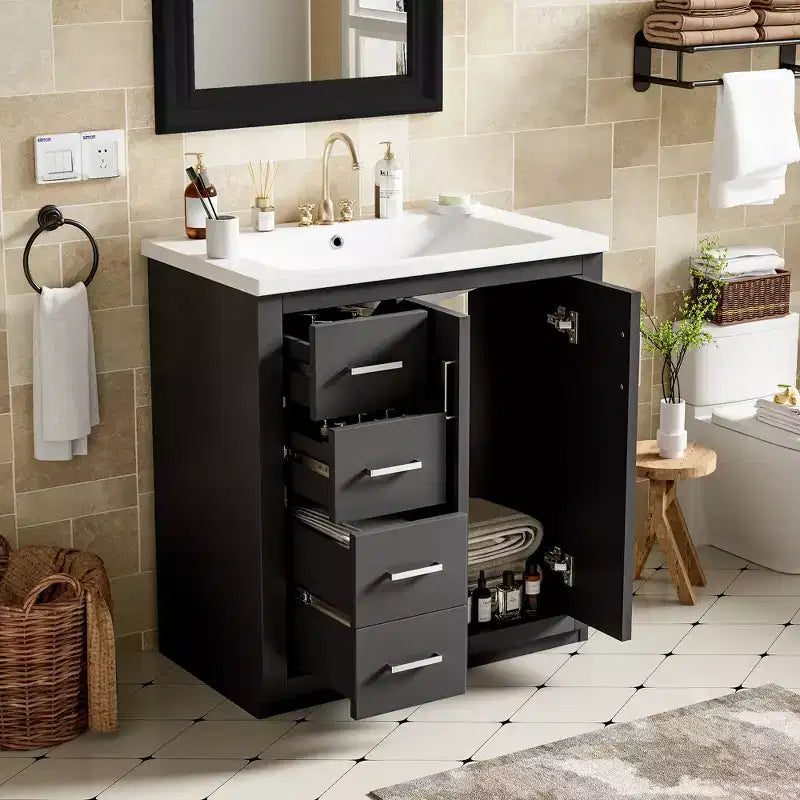 Meuble-lavabo de salle de bain 30 pouces à vasque simple avec armoire et 3 tiroirs – Noir / Bleu / Vert / Indigo / Blanc