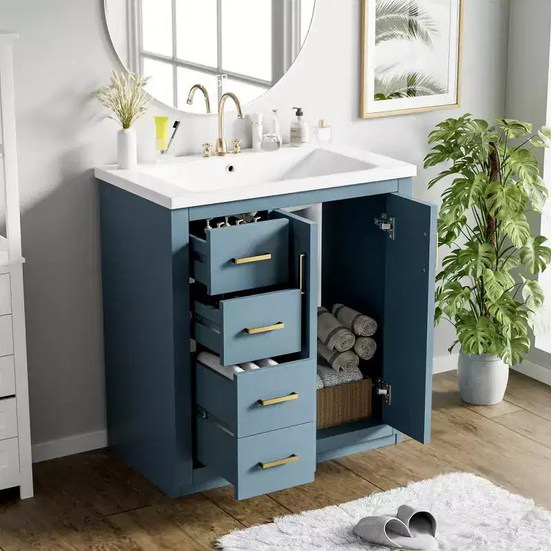 Meuble-lavabo de salle de bain 30 pouces à vasque simple avec armoire et 3 tiroirs – Noir / Bleu / Vert / Indigo / Blanc