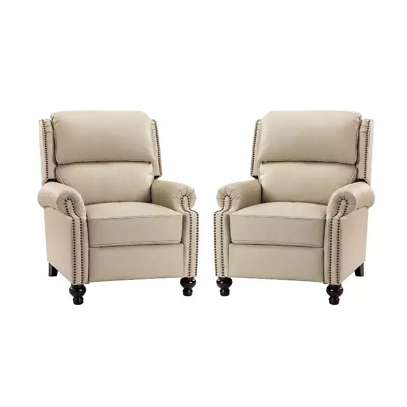 Ensemble de 2 fauteuils inclinables modernes en cuir véritable Elisabete avec garniture cloutée vintage pour salon et chambre à coucher | ART OF LIVING DESIGNS