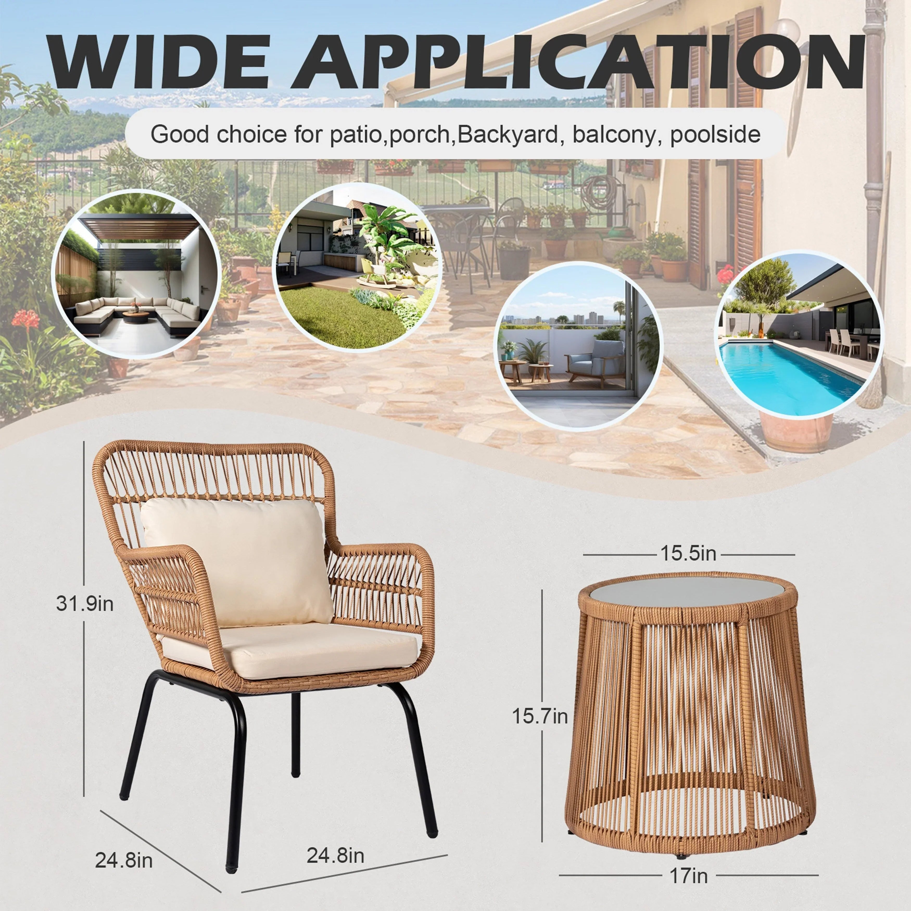 Ensemble bistrot 3 pièces en osier pour conversation, salon de jardin en rotin résistant aux intempéries avec coussins