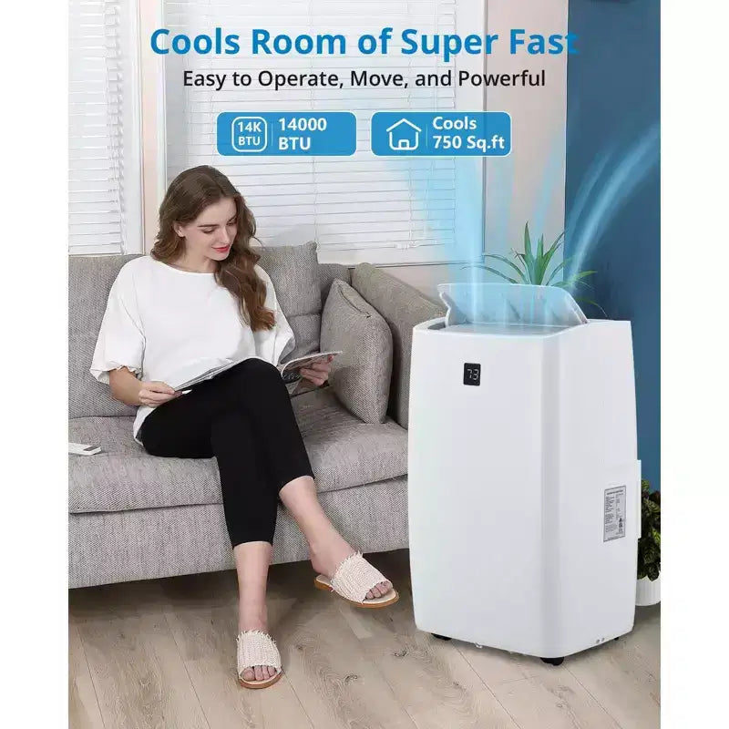 Climatiseur portable 14 000 BTU, Climatiseur avec télécommande, Fonctions Froid, Ventilateur et Déshumidificateur, Mode Veille/Minuterie 24h, Refroidit 65 m²