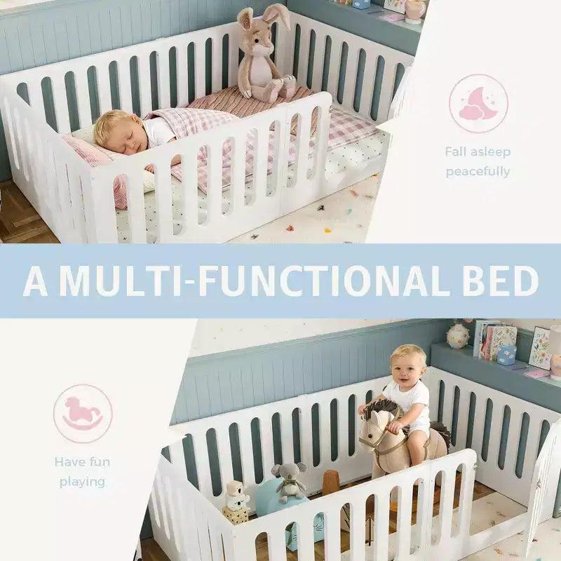 Lit de plancher Montessori double blanc avec barrières et porte – Bois massif, 1 enfant