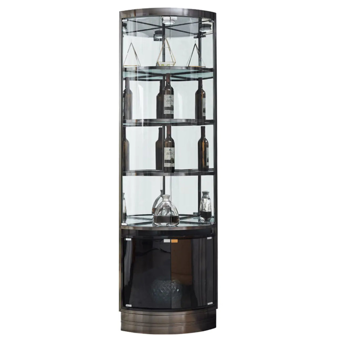Meuble d'angle à vin avec étagères en verre et métal à plusieurs niveaux
