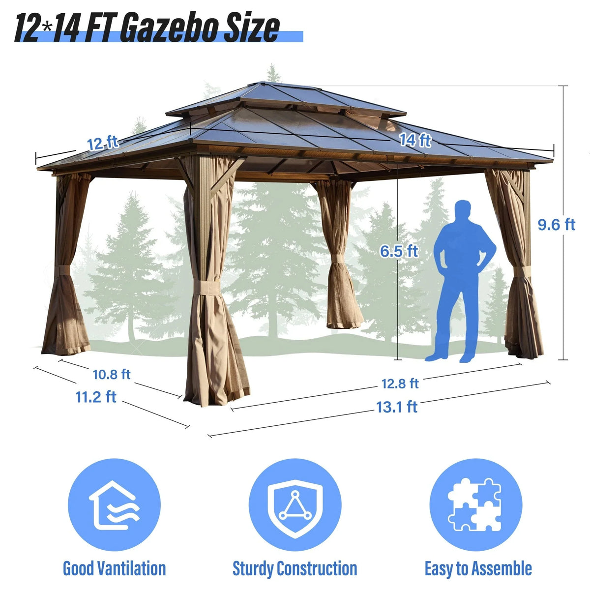 Tonnelle EROMMY à toit rigide, pergola extérieure avec double toit, moustiquaire et rideaux, auvent robuste pour patio, jardin, fête au bord de la piscine