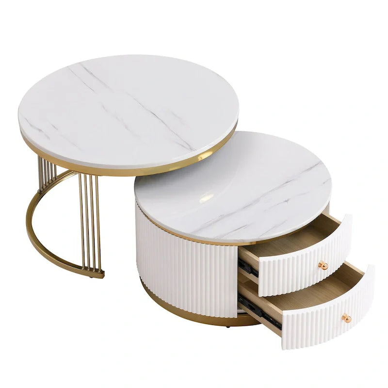 2 tables basses gigognes rondes blanches avec tiroirs