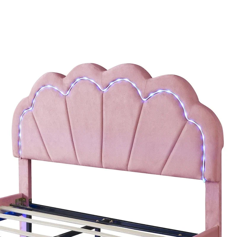 Ensembles de chambre à coucher 2 pièces – Lit plateforme double avec LED et pouf de rangement