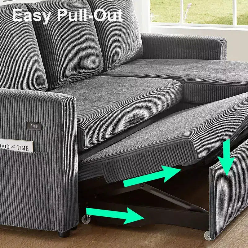 Canapé-lit sectionnel Dyonery 81, canapé-lit escamotable en forme de L avec méridienne de rangement réversible, USB, dossier inclinable