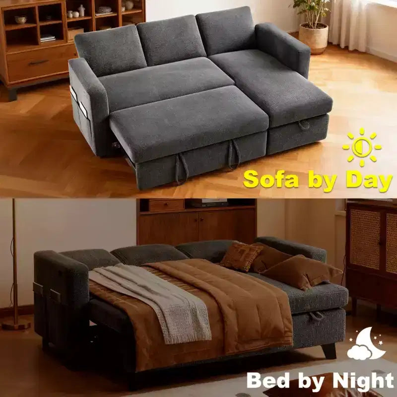 Canapé-lit convertible 2-en-1 avec méridienne de rangement, canapé d'angle en chenille avec ports USB pour salon