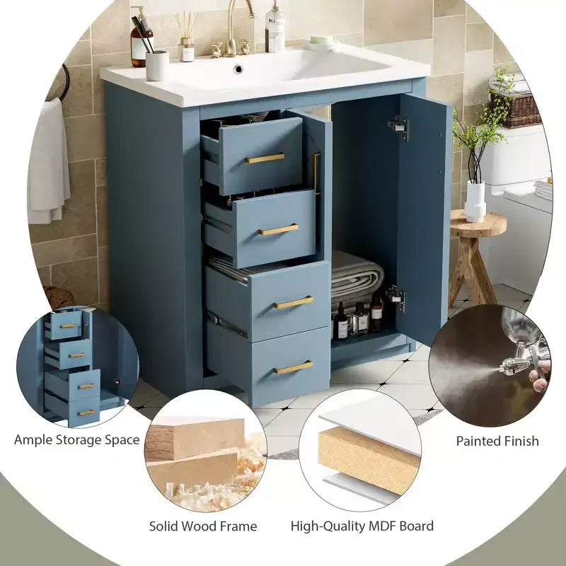 Meuble-lavabo de salle de bain 30 pouces à vasque simple avec armoire et 3 tiroirs – Noir / Bleu / Vert / Indigo / Blanc