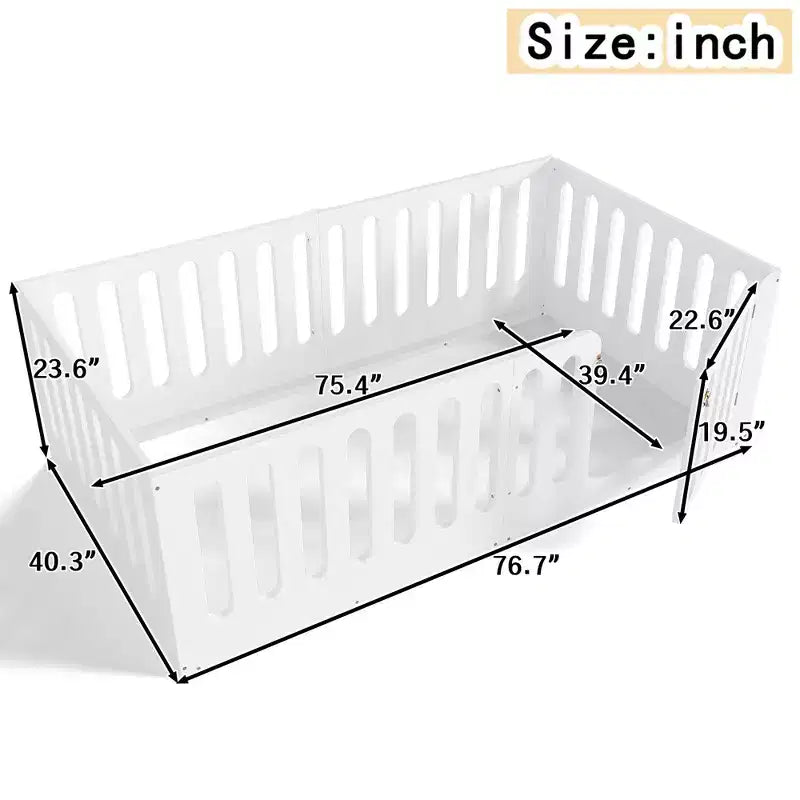 Lit de plancher Montessori double blanc avec barrières et porte – Bois massif, 1 enfant