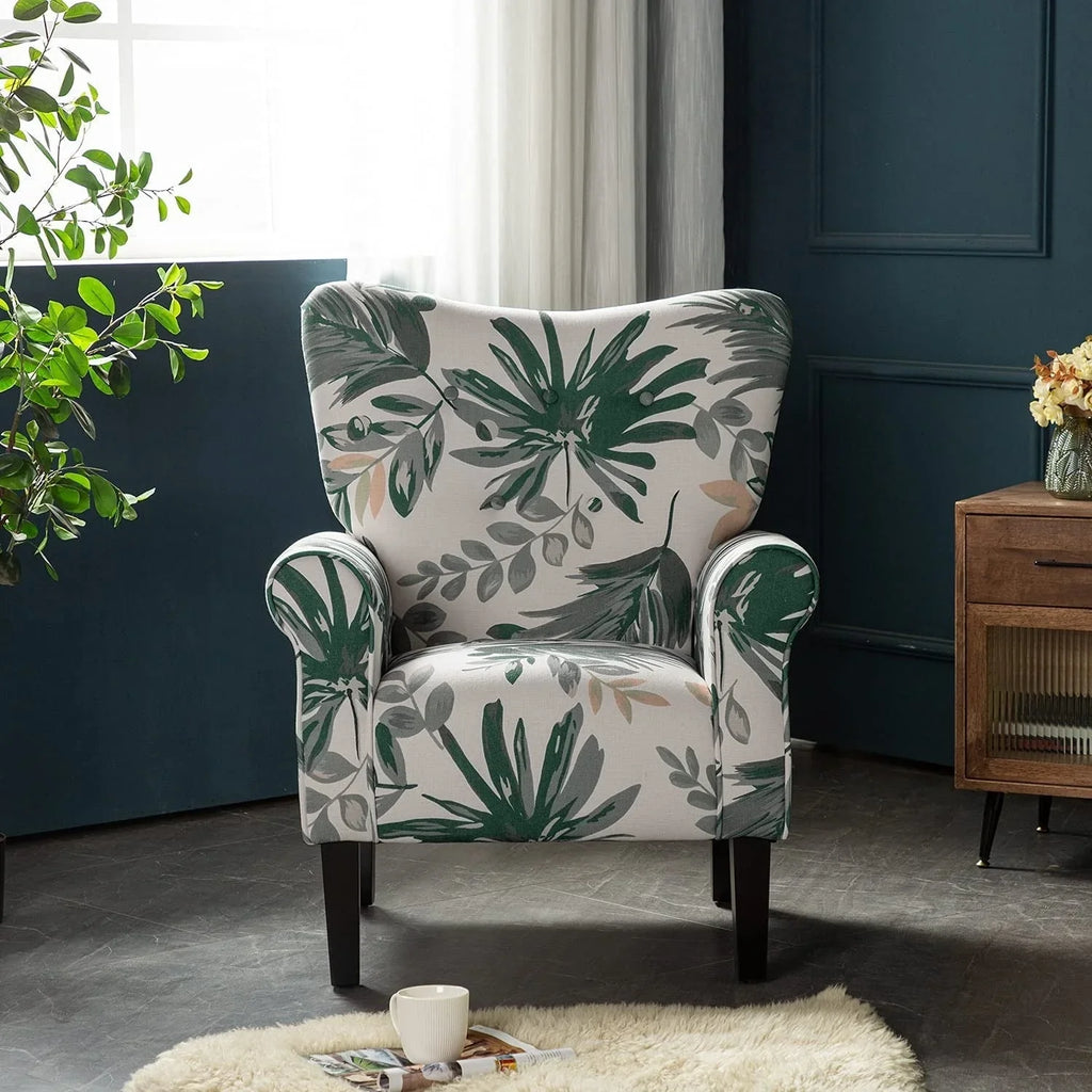 Fauteuil d'appoint moderne Erommy, fauteuil à dossier haut, canapé simple en tissu rembourré avec boutons et pieds en bois pour salon