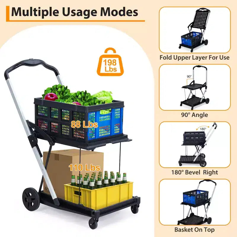 Chariots de courses pliants à 2 niveaux pour l'épicerie, capacité de 90 kg, chariot d'épicerie pliable portable avec roues et caisse amovible pour centre commercial, bleu
