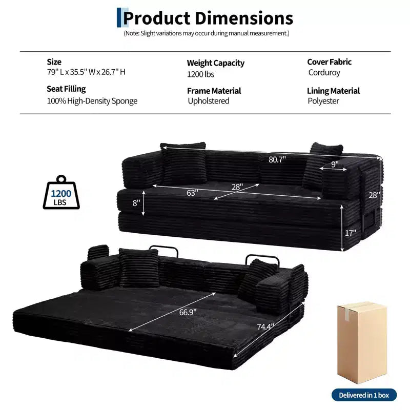 80,7 Canapé-lit convertible 5-en-1 – Corduroy, 544 kg, Aucun assemblage requis