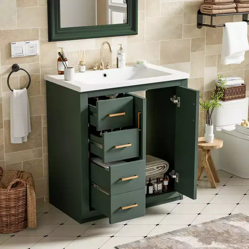 Meuble-lavabo de salle de bain 30 pouces à vasque simple avec armoire et 3 tiroirs – Noir / Bleu / Vert / Indigo / Blanc
