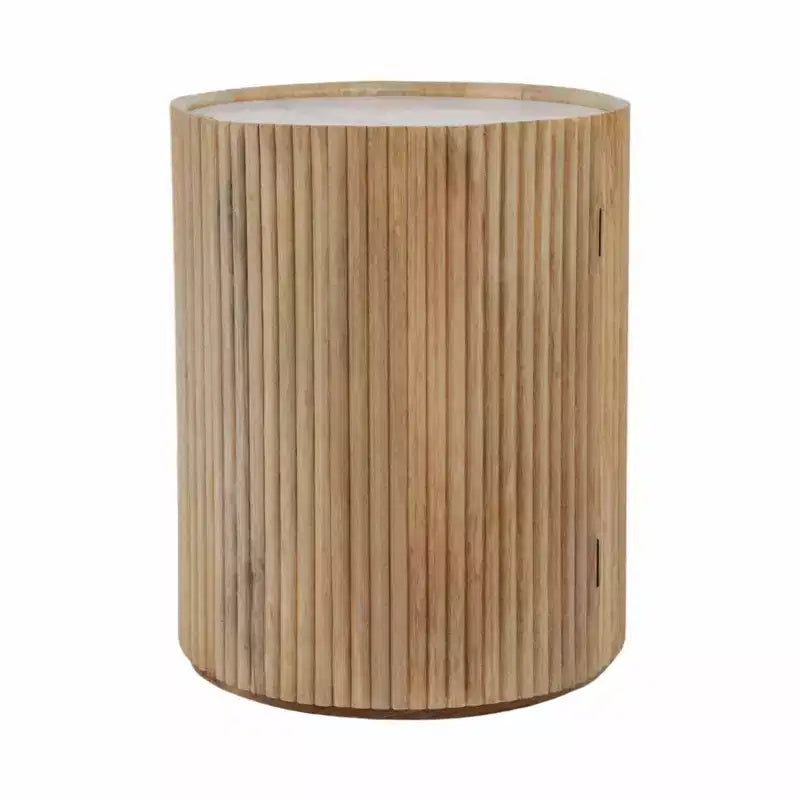 Table d'appoint décorative en bois nervuré avec plateau en marbre et rangement - Petite table d'appoint pour la décoration de la chambre ou du salon
