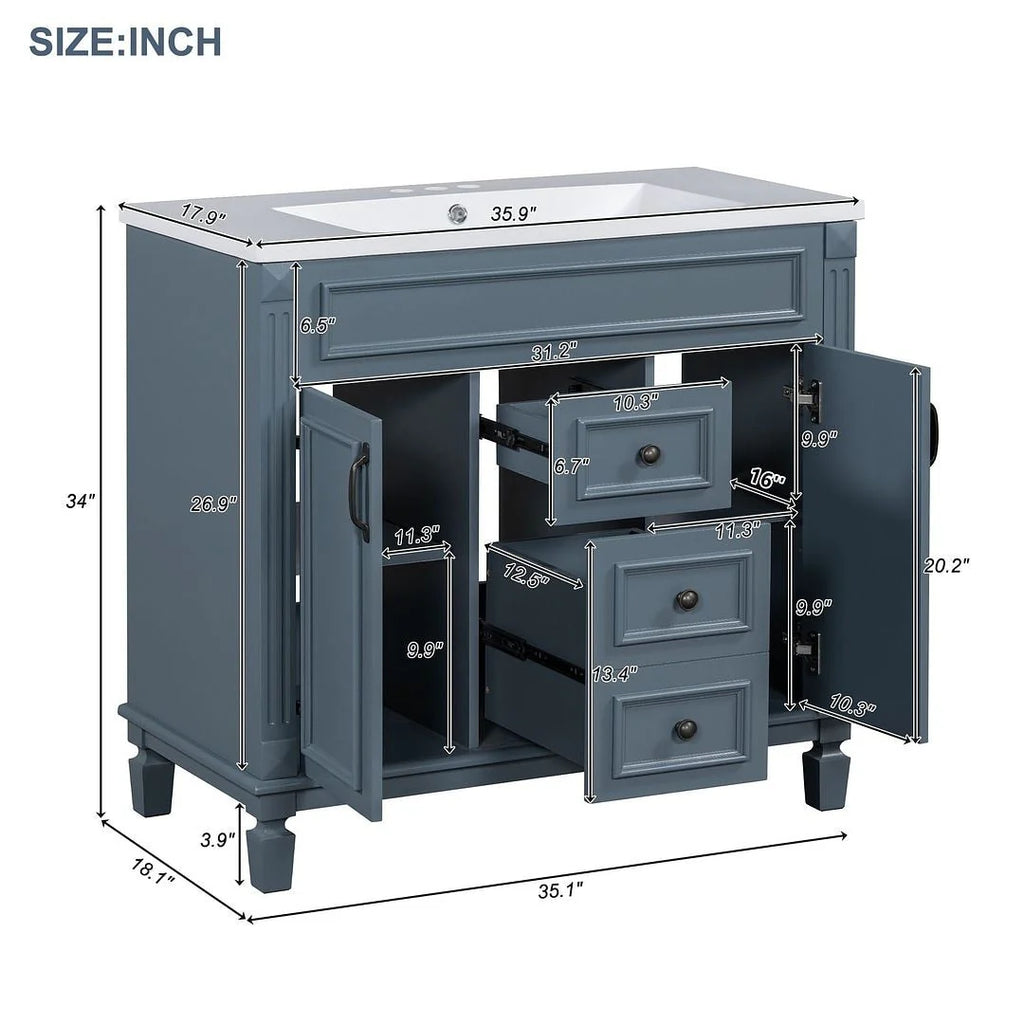 Meuble-lavabo de salle de bain moderne de 91 cm avec lavabo et armoire de toilette, 2 portes et 2 tiroirs