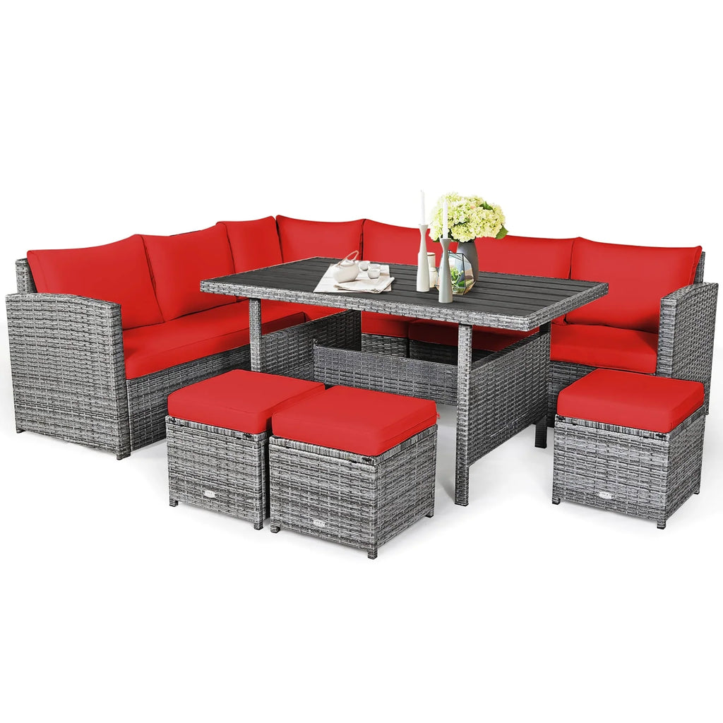 Ensemble de salle à manger Costway 7 pièces en rotin pour terrasse, canapé sectionnel et pouf - Voir détails