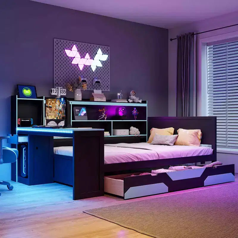 Lit de repos de jeu double/grand avec tête de lit bibliothèque, lumières LED, bureau intégré, tiroirs et station de charge