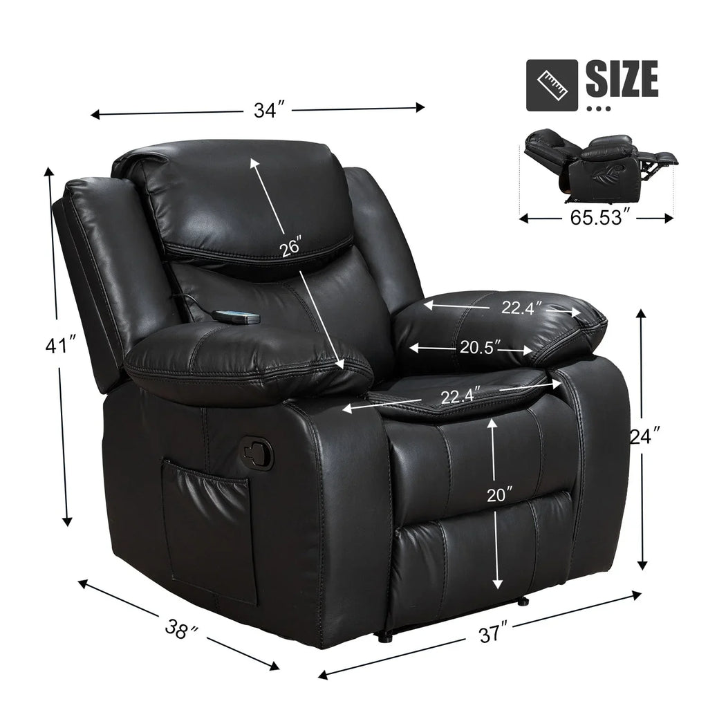 Fauteuil inclinable massant et chauffant en cuir, assise large et durable